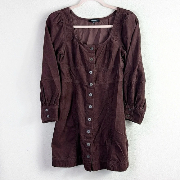 Madewell Corduroy Seamed Long-Sleeve Mini Dress in Chocolate Raisin color SZ 0 P - Picture 13 of 13